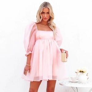 VICI LOVERS PUFF SLEEVE TULLE BABYDOLL DRESS - PINK